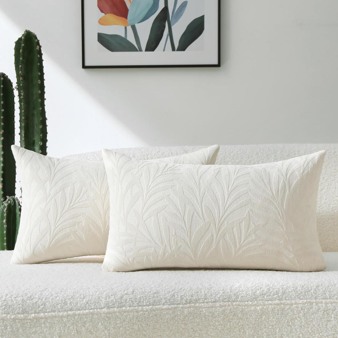 FUTEI Cream Decorative Throw Pillow Covers 16x16 Inch Set of 2,Soft Chenille Phoenix Tail Leaf Textured Cushion Case,Modern Home Decor for Couch Bed Living Room
