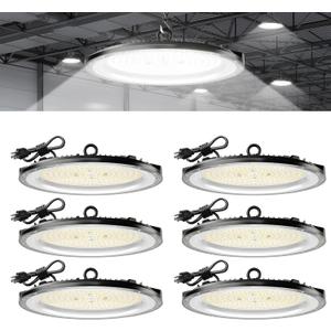 Amico 6 Pack UFO LED High Bay Light 200W 28,000lm 5000K with UL Listed US Hook 5' Cable Alternative to 650W MH/HPS for Gym Factory Barn Warehouse Lighting Fixture
