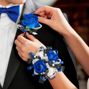 Prom Corsage and Boutonniere Set Blue,Artificial Silk Rose Wrist Corsage for Homecoming, Formal Dance Party, Wedding,Graduation,Anniversary