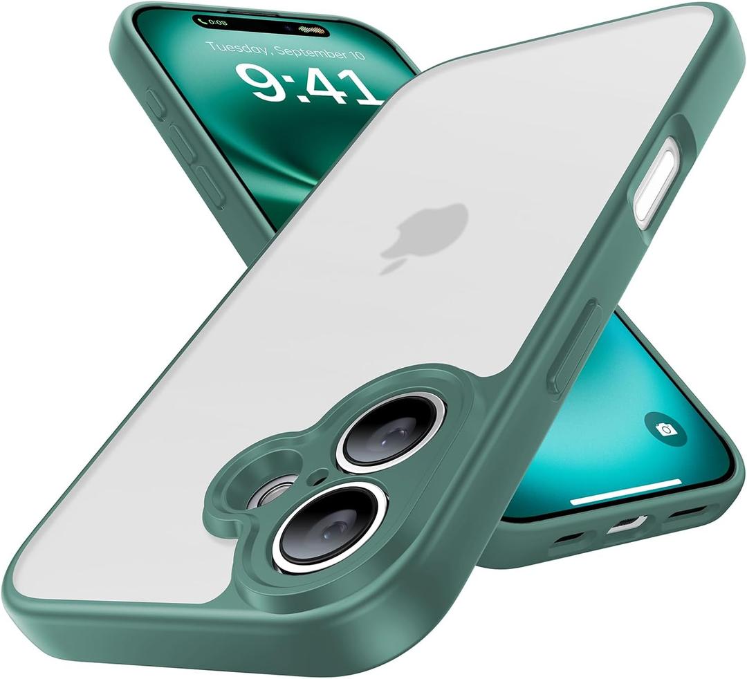 Shockproof for iPhone 16 Case, [Full Camera Protection] [Military-Grade Drop Protection] Protective Anti-Yellow Slim Translucent Matte Skin-Friendly for iPhone 16 Phone Case, Midnight Green