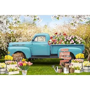 ZJRBJB Spring Backdrop Blue Truck Photography Backdrops Blossom Flowers Photoshoot Background Easter Children Birthday Wedding Baby Shower Party Decor 10x8ft