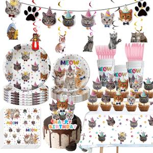Cat Birthday Party Supplies for 20 Guests  Kitten Themed Birthday Decorations with Plates, Cups, Napkins, Banner, Hanging Swirls, Tablecloth, Cake Toppers and Cupcake Toppers for Cat Party (148PCS)