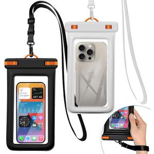 IPX8 Floating Waterproof Dry Bag 2-Pack ,7.2 Inch Waterproof Phone Pouch for iPhone 16/15/14 Pro Max Galaxy S24/S23 Adjustable Lanyard + wrist strap Beach Swimming Travel Essentials (black+white+ Orange)