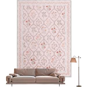 YIHOUSE 5x7 Washable Rug for Bedroom, Pink Floral Rugs for Living Room Non Slip Ultra-Thin Large Boho Rug for Kids Playroom, Classroom, Girls Dorm, Nursery, Pink Multi