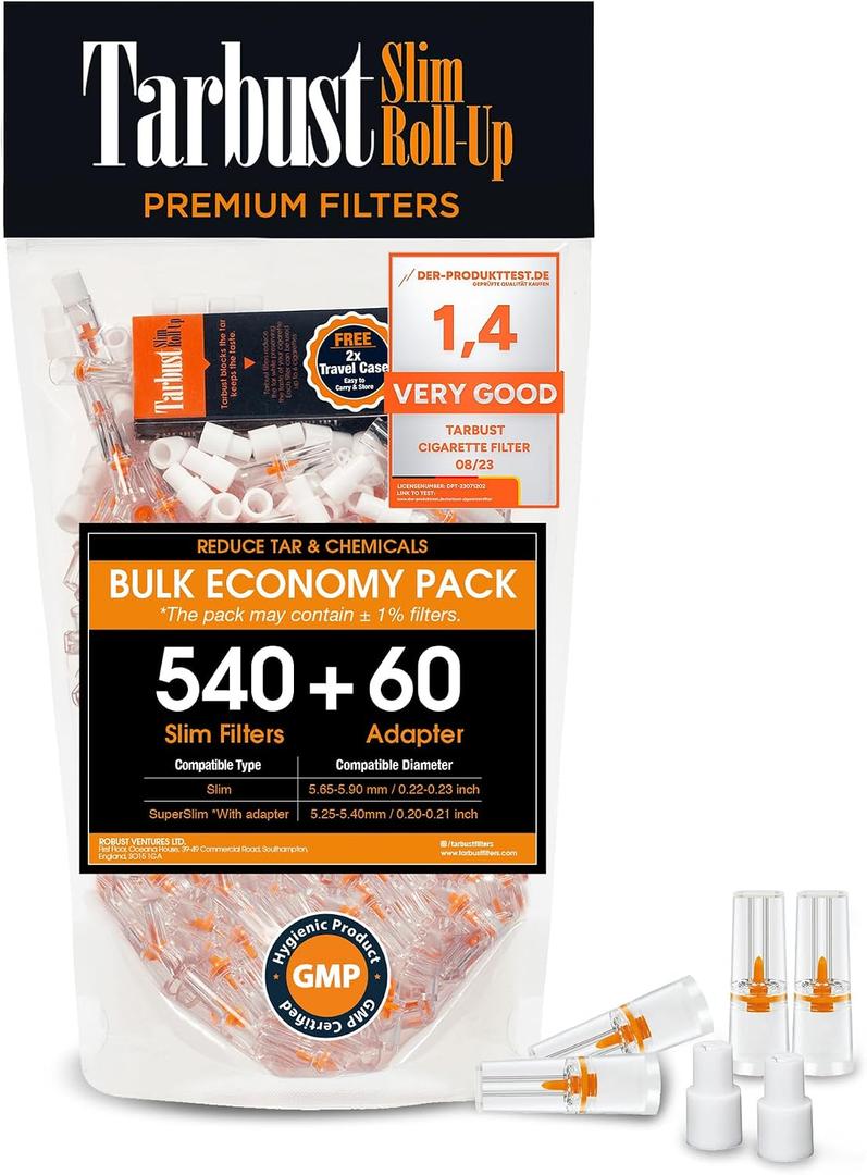 Tarbust Slim Cigarette Filter Tips that Remove Tar and Chemical, for Slim & Roll-ups, Bulk Economy (540 Filters+60 Adapters to Convert to Super Slim+2 Free Travel Cases)
