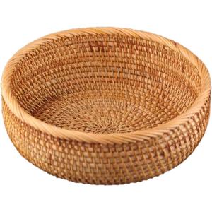 Hadewoven Round Rattan Fruit Basket Wicker Food Tray Weaving Storage Holder Dinning Room Bowl, 9 Inch Woven Bread Basket Key Bowls with 3.5Wall for Table, Countertop (Medium 8.66")