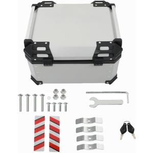 55L Motorcycle Top Case Tail Box with Backrest and Mounting Plate Hard Aluminum Alloy Watertightness Security Lock Against Theft Silver Metal Trunk Tour Tail Case