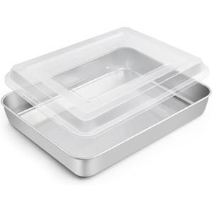 TeamFar Rectangular Cake Pan with Lid, 10.5 Stainless Steel Small Lasagna Baking Roasting Brownie Pan, Non-toxic & Deep Side, Brushed Surface & Dishwasher Safe, 2 PCS