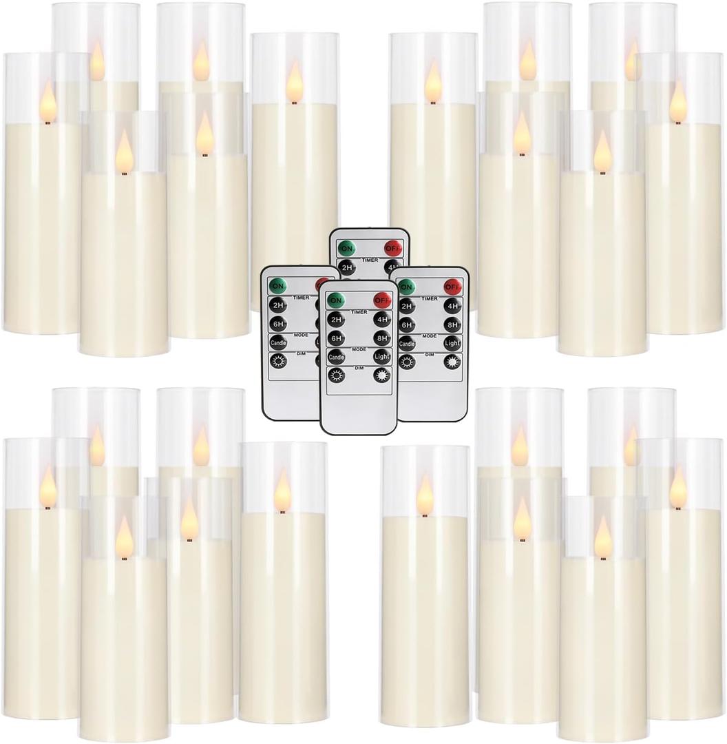 24-Pack Acrylic LED Flameless Pillar Candles with Remote & Timer, Battery Powered - Perfect for Indoor/Outdoor Decor,Wedding,BBQ and Gift - Easily Create a Magical Atmosphere.(Ivory)