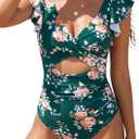 B2prity One Piece Swimsuits for Women Ruffle Sleeve V Neck Bathing Suit Tummy Control Cutout Monokini Slimming Swimwear (Green, XXL)