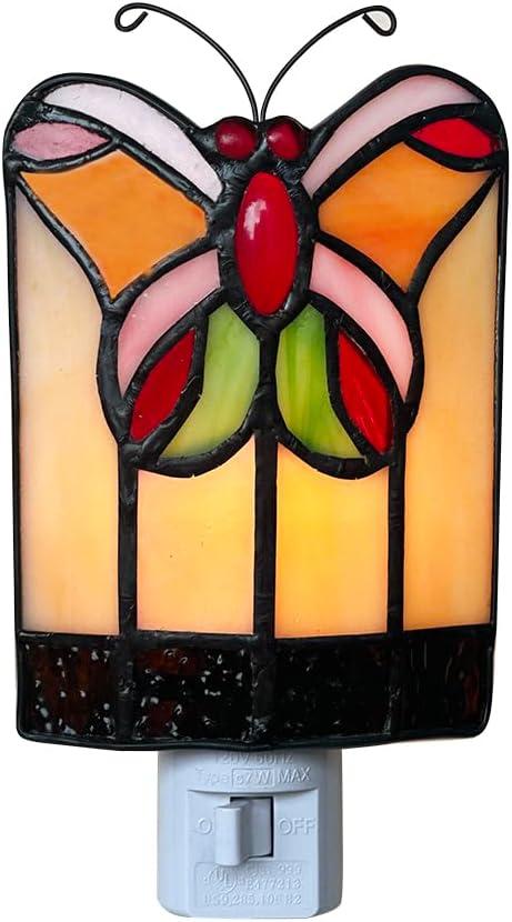 HUIMEIJU Colored Glass Butterfly Pattern Small Night Light, Tiffany Glass Night Light (Pink)
