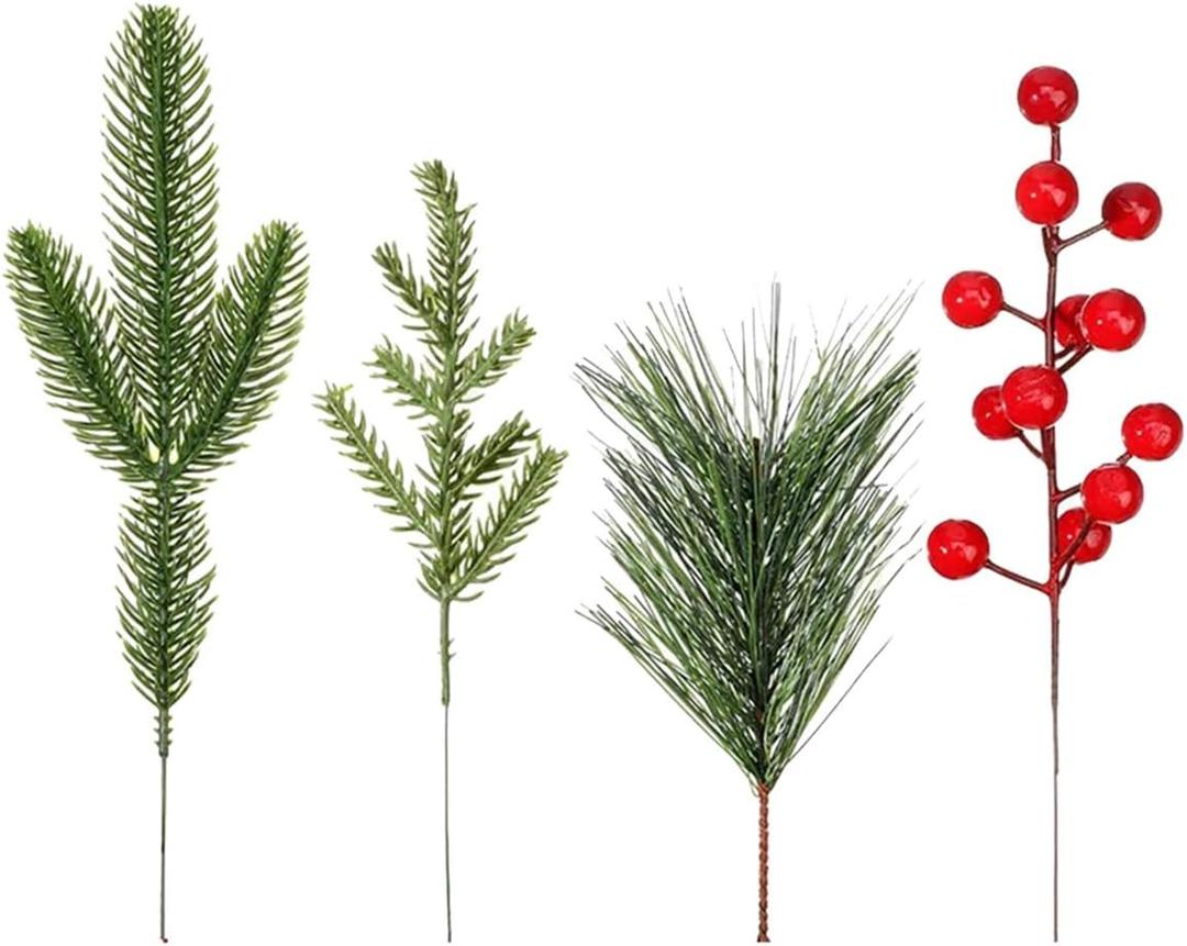 40Pcs Artificial Pine Needles Branches Greenery Faux Red Berry Picks Fake Flowers for DIY Wreath Xmas Embellishing Decorations