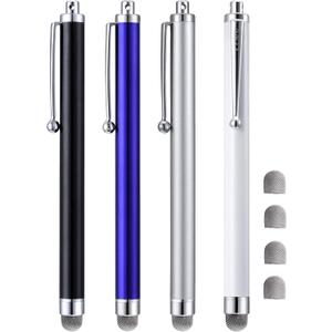 Stylus, 4 Pcs 5.0 Inch Mesh Fiber Tip Stylus Pens for Touch Screen, Compatible with iPad, iPhone, Kindle Fire, 4 Extra Replaceable Hybrid Fiber Tips (White, Black, Silver, Blue)