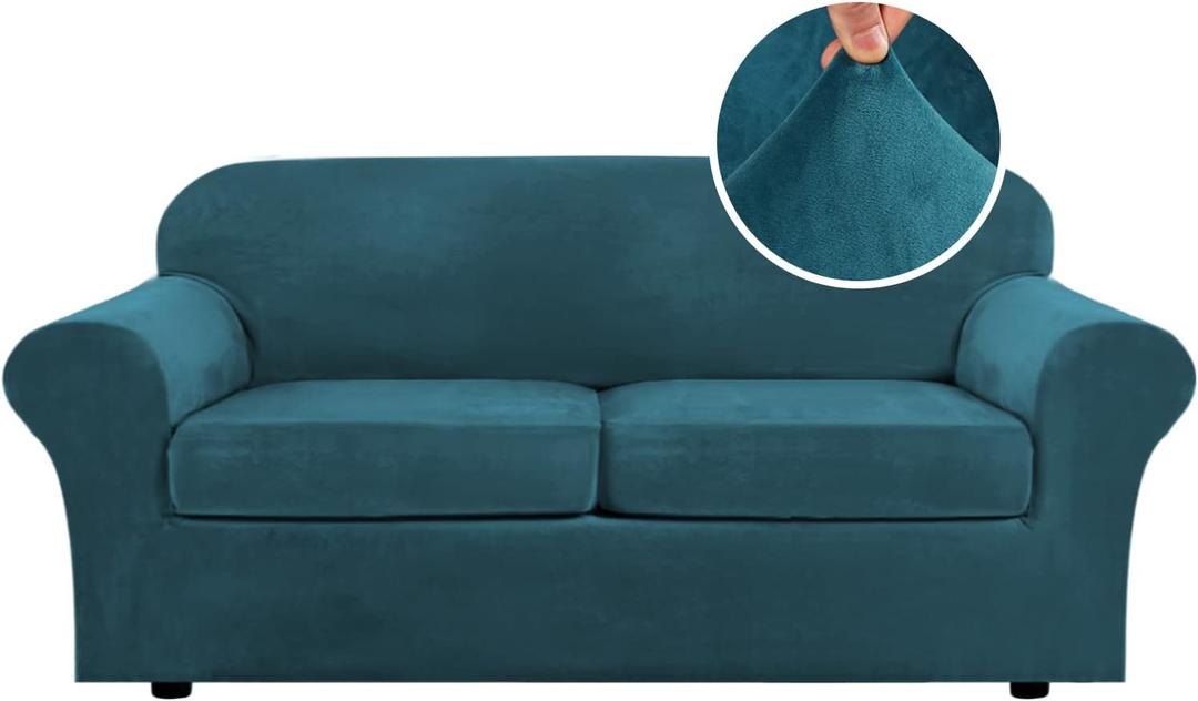 H.VERSAILTEX Real Velvet Plush 3 Piece Stretch Sofa Covers Couch Covers for 2 Cushion Couch Sofa Slipcovers Width Up to 90 Inch Feature Thick Soft Stay in Place (Large Sofa, Deep Teal)