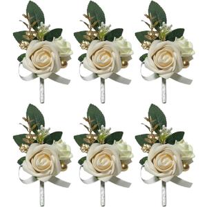 5PCS White Boutonniere for Men, Ivory Boutonniere Pins for Men Groomsmen Guest Boutonniere, Artificial Flowers for Wedding Decor Prom Homecoming