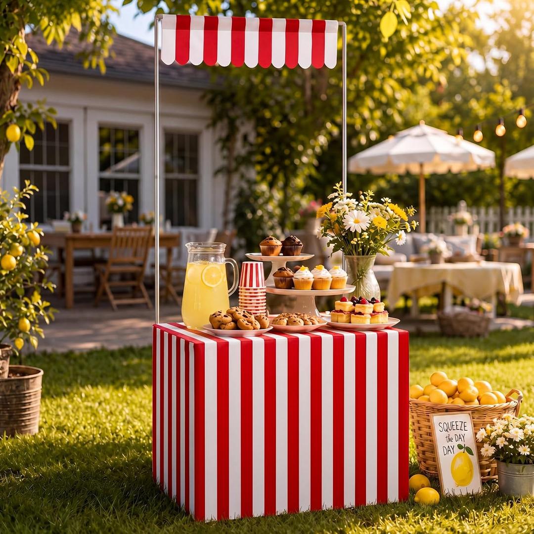Thyle Carnival Portable Tent Vendor Kit Foldable Table Frame Pop up Booth Storage Bag Striped Tablecloth and Canopy Curtain Portable Vendor Display Tent for Event Food Stand Circus Party Supplies