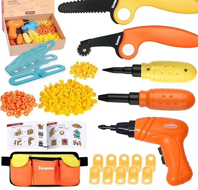 Kids Cardboard Construction Tool Set with Electric Drill & Tool Belt -258PCS, STEM Building Kit for Creative Craft Projects, Educational DIY Engineering Toy for Boys & Girls