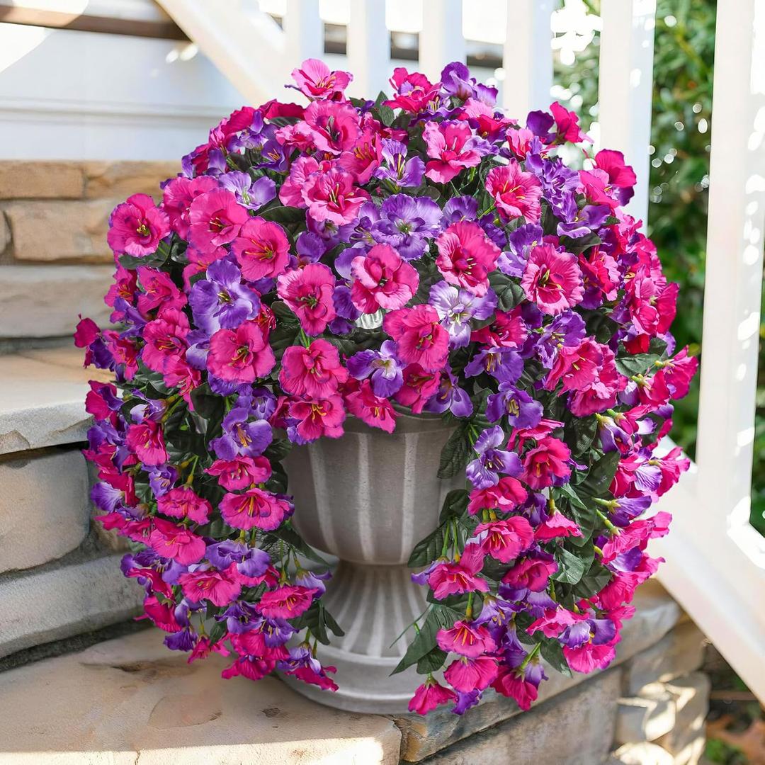 Hibiscus Artificial Fake Hanging Flowers Plants for Outdoor Spring Decoration, 2PCS UV Resistant Faux Hibiscus Silk Flowers Realistic Look Real for Planters Outside Porch Patio Yard, Violet Fuchsia