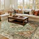 RELEANY Area Rugs 7'x9' Washable Non-Slip, Floral Vintage Distress Print Pattern Medallion Carpet for Living Room Bedroom Dining Room, Brick Red Rust Neutral Brown Burnt Orange Green