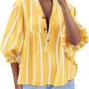 Tankaneo Womens Puff Sleeve Babydoll Tops Summer V Neck Striped Blouse Cute Casual Loose Fit Flowy Shirts (Yellow, L)