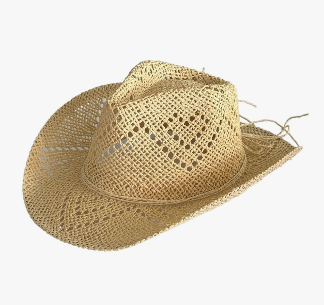 Women Men Summer Straw Hat Hollow-Out Bucket Hats Sun Protection Beach Holiday Sun Cap Cowgirl Hat Beige