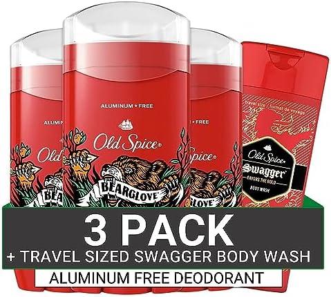 Old Spice Aluminum Free Deodorant for Men, 24/7 Odor Protection, 24/7 Freshness & Lasting Scent, Bearglove Scent, 3.0 oz with Travel Size Swagger Body Wash (Pack of 4)