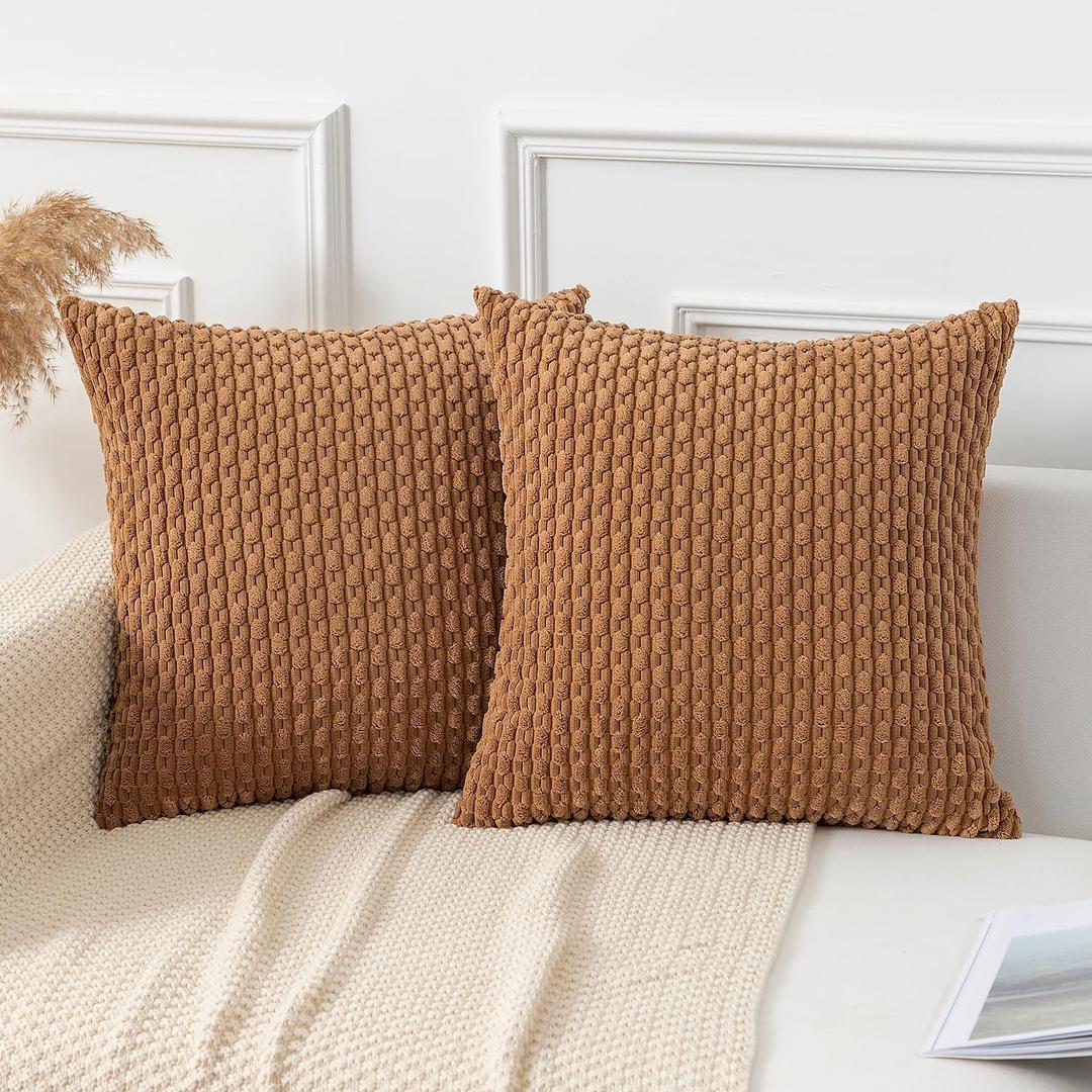 Kevin Textile Throw Pillow Covers Soft Corduroy Decorative Set of 2 Boho Striped Pillow Covers Pillowcases Farmhouse Home Decor for Couch Bed Sofa Living Room 26x26 Inch Khaki