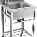 Stainless Steel Utility Sink for Kitchen, Bathroom, Laundry Room - Single Bowl, Free Standing, Indoor/Outdoor, Farmhouse Style, 21.7" with Cold & Hot Water Faucet