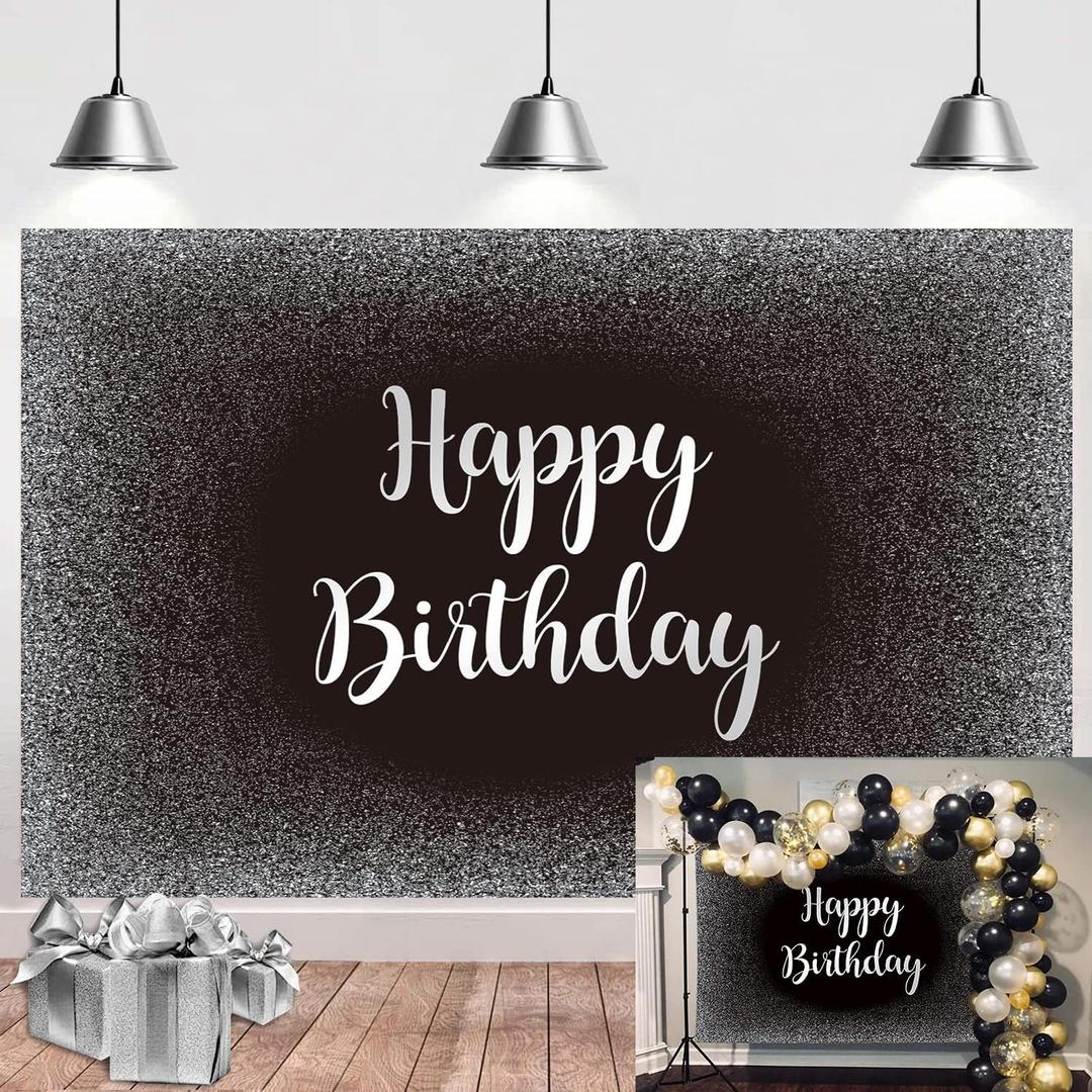 Black and Silver Happy Birthday Backdrop Grey Glitter Photography Background Men Women Adult Birthday Decoration Supplies 7x5FT (7x5FT(width 210cm x Height 150cm))