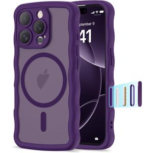 Compatible with iPhone 16 Pro Case 6.1" 2024, Cute Kawaii Curly Wave Frame Shape Shockproof Translucent Matte Protective Magnetic 16 Pro Phone Case for Women Girls, Purple