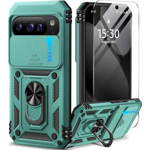 Taisairu for Google Pixel 10 Case/Pixel 10 Pro Case with Screen Protector & Slide Camera Lens Cover,Built-in Ring Stand Protective Phone Case for Pixel 10 Case/Google Pixel 10 Pro Case (Green)
