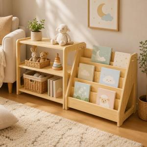 Montessori Kids Shelf and Book Display Rack 2 Piece Wooden Storage Station, 13.78"D x 47.24"W x 23.62"H