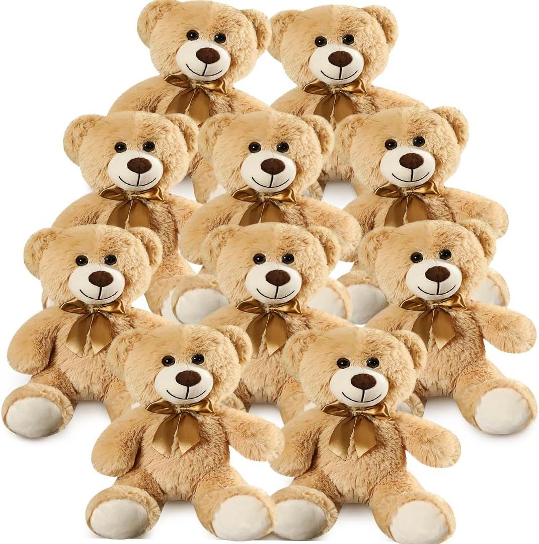 Plush Teddy Bear Cute Stuffed Animal Bear with Bow Plush Toys 13.8 Inches (Khaki,10pcs)