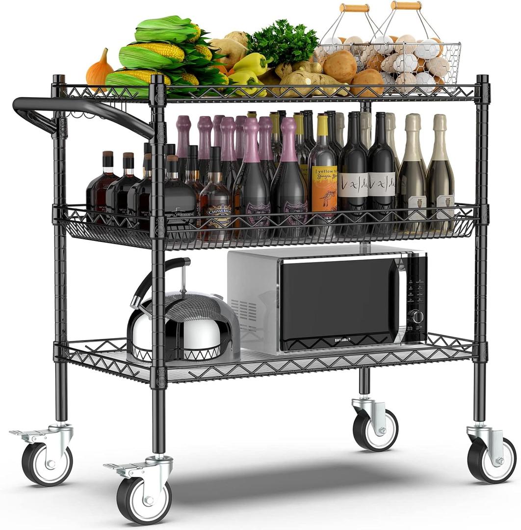 Leteuke 3 Tier Rolling Carts with Wheels, Heavy Duty Rolling Utility Cart,NSF Commercial Grade Metal Cart with Handle&Shelf Liner,Trolley Serving Cart for Kitchen,Restaurant,Plant Display,Black