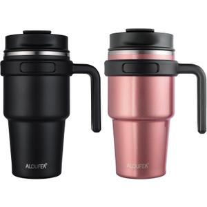 20 oz Insulated Coffee Mug Tumbler with Handle, Stainless Steel Travel Mug Tumbler with Lid and Straw,Double Wall Vacuum Leak Proof Ice Coffee Thermal Cup, Black/Rose Gold