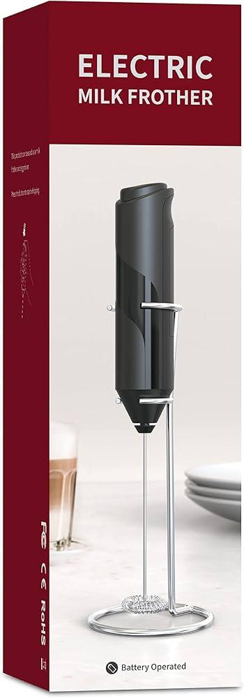 YSSOA Electric Milk Frother Handheld with Stainless Steel Stand Battery Operated Whisk Drink Mixer for Coffee, Frappe, Latte, Matcha, Hot Chocolate, Mini Hand Blender, Black (1 Pack)