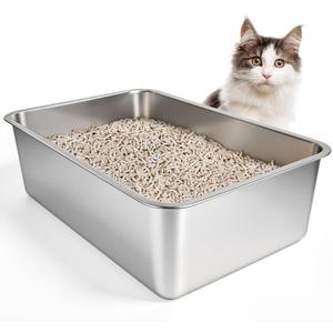 IKITCHEN Stainless Steel Cat Litter Box, Large Metal Litter Box for Cats, Never Absorbs Odors,Stain Free, Rustproof, Non Stick Smooth Surface, Anti-Slip Rubber Bottom, 23.5" L x 15.5" W x 8" H