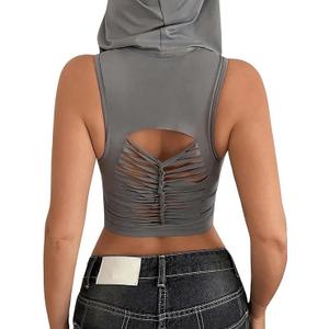 WDIRARA Women's Cut Out Backless Slim Fit Crop Tee Tops Hooded Sleeveless Summer T Shirts M