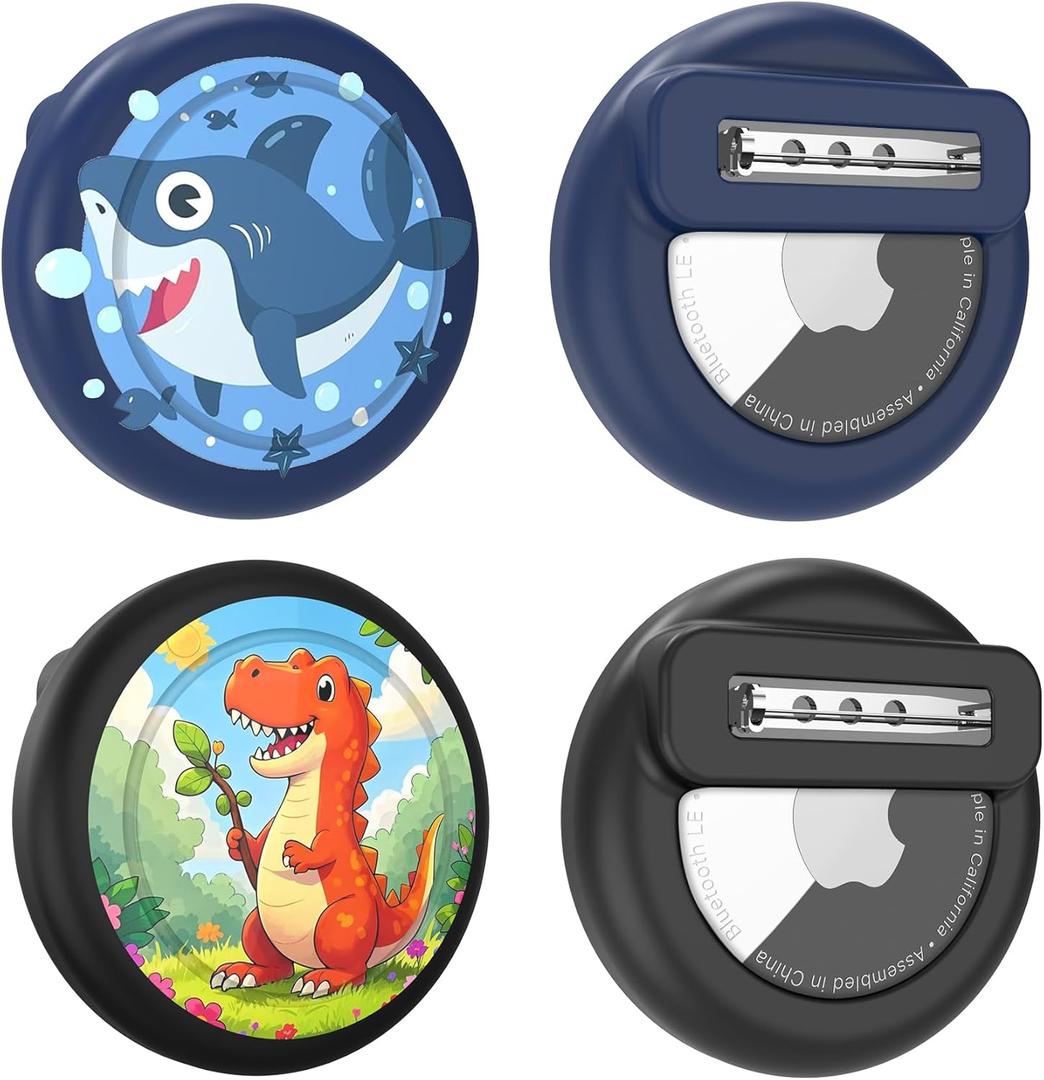 Tracker Holder for AirTag Gen 2 / Gen 1 with Safety Pin, Lightweight Cute Tracker Case for Kids Compatible with Apple Air Tags-2 Pack for Child, Elderly, Clothes, Backpack (Dinosaur/Shark)