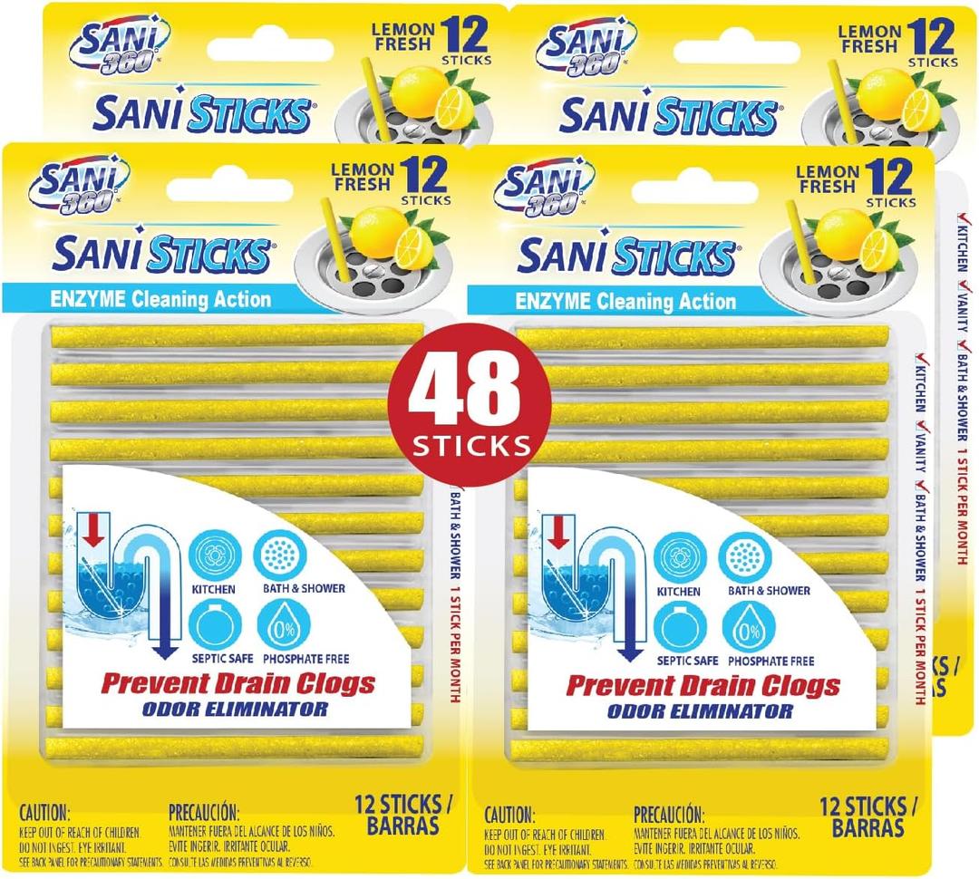 SANI 360 Sani Sticks Drain Cleaner and Deodorizer, 48 Count, Lemon Scent Enzyme Pipe Cleaners, Eliminate Odors, Prevent Clogged Drains, Safe for Sinks, Bathtub Drains, Septic Tanks