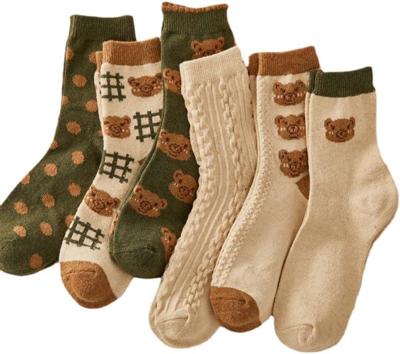 Kelabia 6 Pair Cute Cotton Socks Kawaii Bear Ankle Preppy Ruffle Socks for Women Japanese Fall Vintage Crew Socks (One Size)