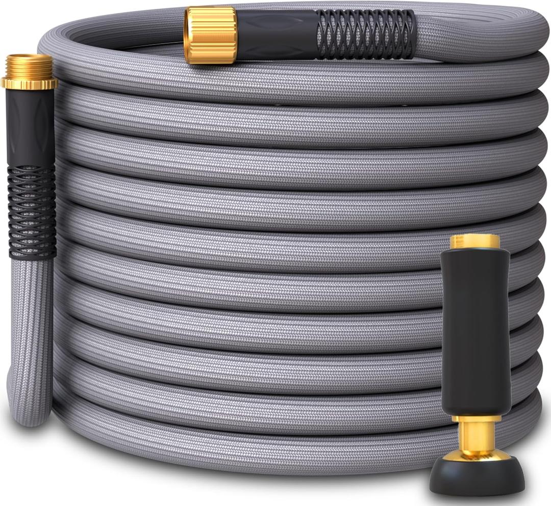 TITAN Garden Hose | Flexible, Lightweight, Kink-Free & Durable Hybrid Water Hose with Heavy Duty Brass Connectors & High-Pressure Jet Nozzle (50FT x 5/8) (Gray)