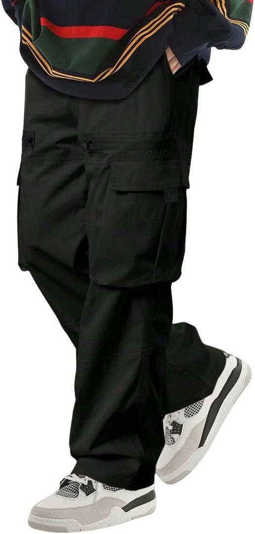 ZAFUL Men's Wild Cargo Pants Loose Fit Y2K Pants Drawstring Casual Hiking Pants Pocket Zipper Design Straight Trousers (Large, Black)