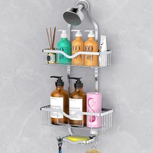 Kadolina Shower Caddy Hanging, Bathroom Organizer with Soap Dish, Over Shower Head Caddy with Hooks for Razor/Sponge, Bright Silver (Assembly Required)