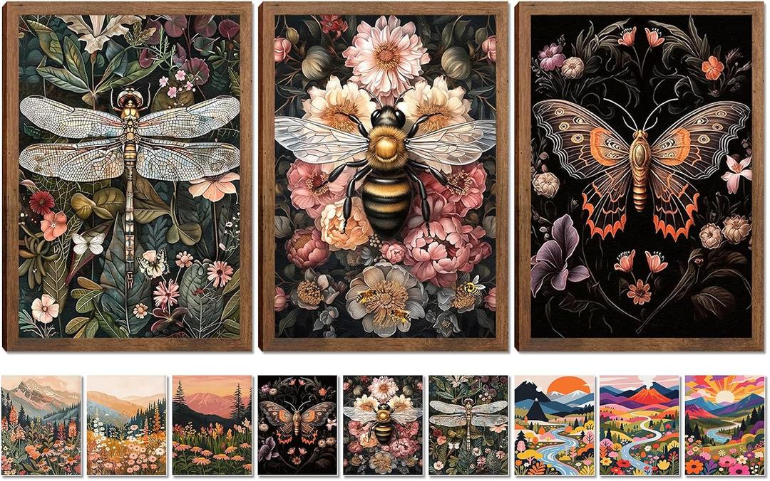 Framed Dark Academia Insect Wall Art Set, 3Pcs Vintage Gothic Floral Dragonfly Bee Moth Canvas Prints, 9 Bonus Posters,Cottagecore Moody Botanical Wall Decor for Living Room Bedroom Home, 24x16 Inch