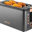 Mecity 4 Slice Toaster, Long Slot Toaster With Warming Rack, Timer, Bagel, Defrost, Reheat Functions, Crumb Tray, 6 Browning Settings, Extra Wide Long Slots, Stainless Steel, 1300W, Grey