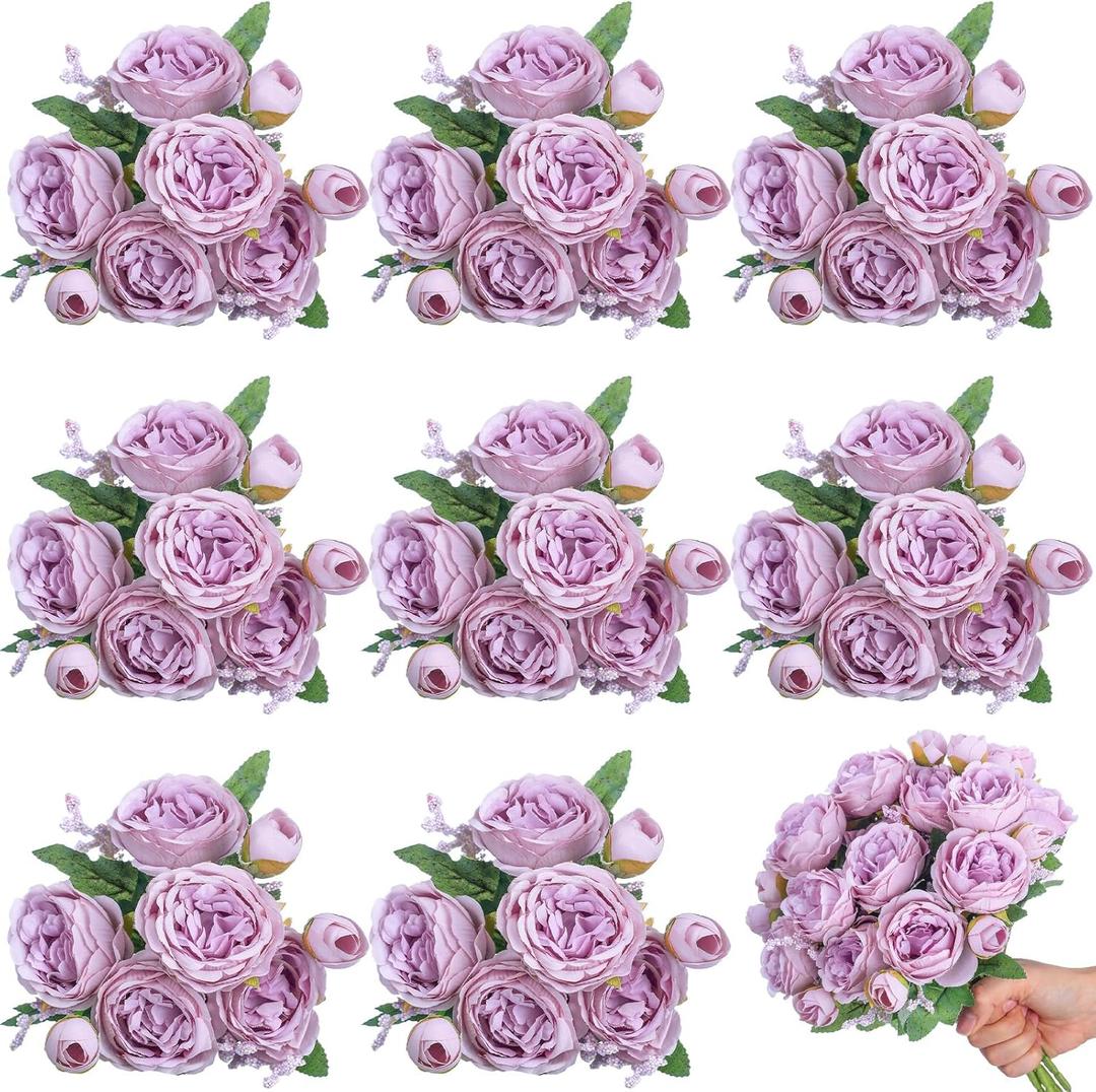 8 Bundles Artificial Peonies Flowers Boho Faux Flowers Arrangements Artificial Centerpiece Spring Bouquet Floral Wedding Decoration for Vase(Light Purple)