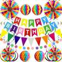 Happy Birthday Banner, Rainbow Birthday Banner, 6 Honeycomb Balls, 8 Metallic Hanging Swirls and Circle Parper Garland, Happy Birthday Decorations