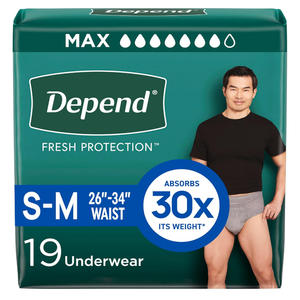 Depend Fresh Protection Adult Diapers, Incontinence Underwear for Men, Disposable, Maximum, Small/Medium, Grey, 19 Count