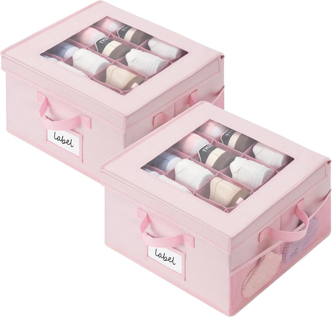GRANNY SAYS Shoe Organizer for Closet, Fits up to 8 Pairs, 2 Pack Shoe Cubby Storage Containers with Side Mesh Pocket and Flip-Top Lids, Pink (Max Foot Length: 6")
